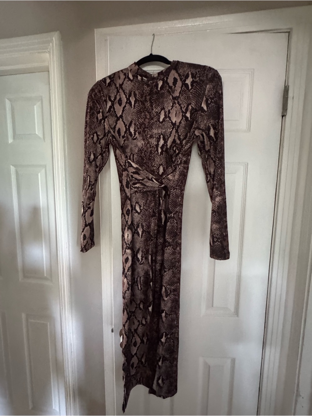 Brown Snake Print Long Sleeve Wrap Dress
